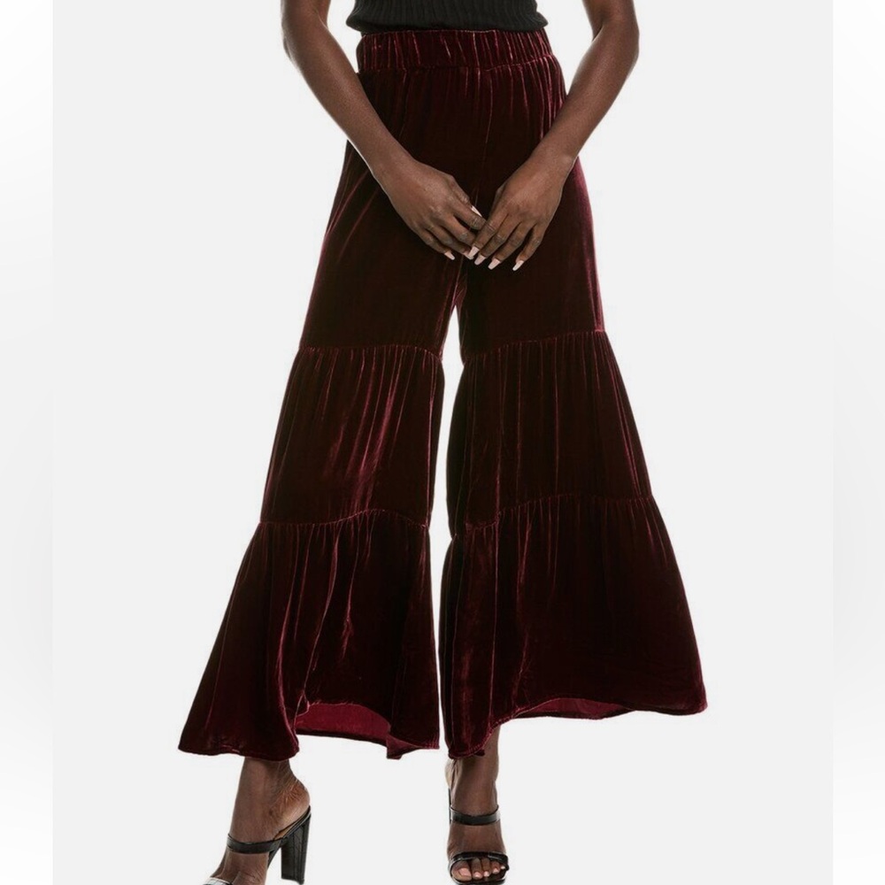 Bobie Los Angeles Wide Leg Shirred Velvet Burgundy Pants Size S